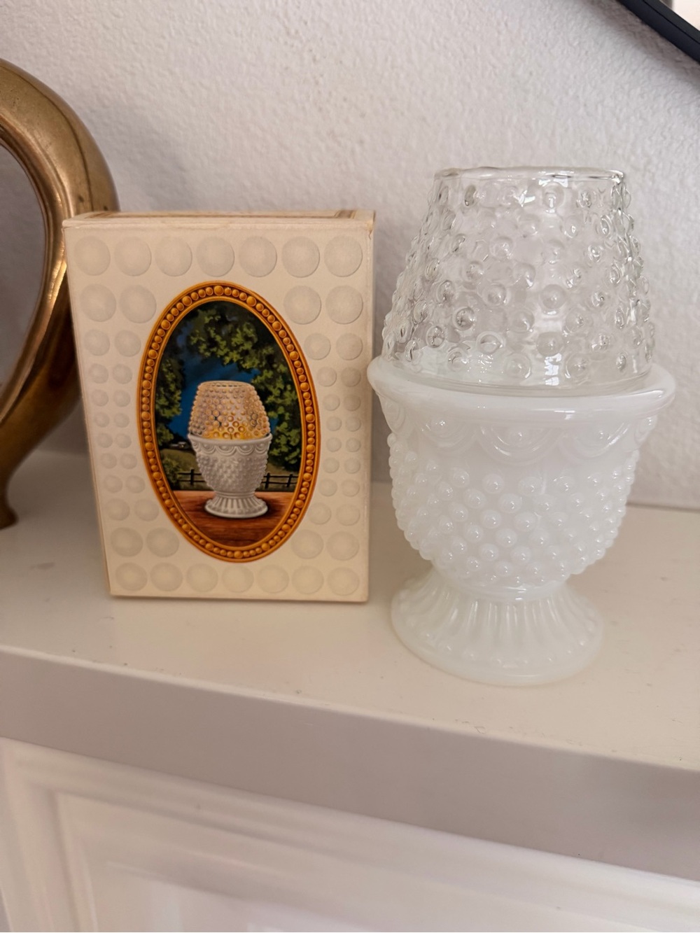 Vintage Avon Milk Glass Hobnail Fairy Lamp Candle Holder w/ Shade & Box